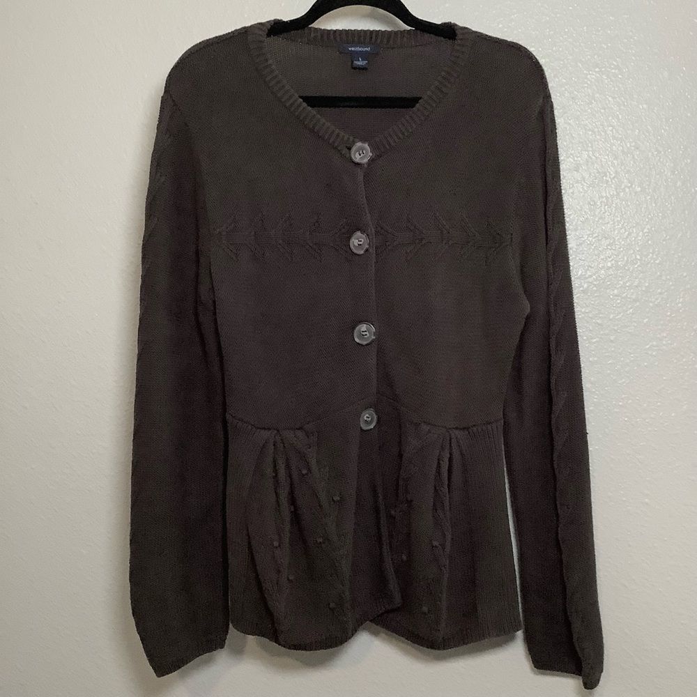 Vintage Y2K Brown 100% Cotton Cable Knit Fisherman‎ Cottagecore Cardigan L